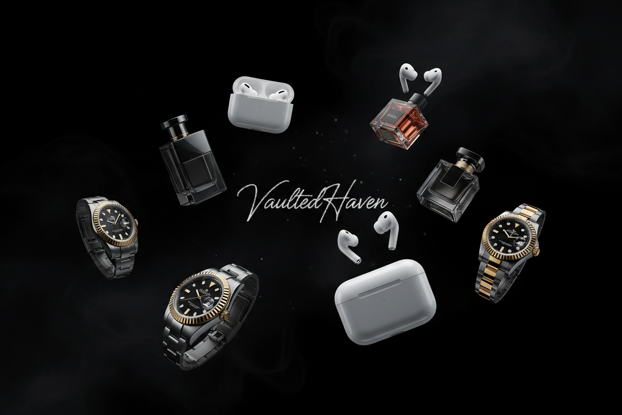 make a high quality authentic looking landscape image with airpods pros, cologne, and rolex watches floating randomly in dark space. put the name "VaultedHaven" in the background in cursive